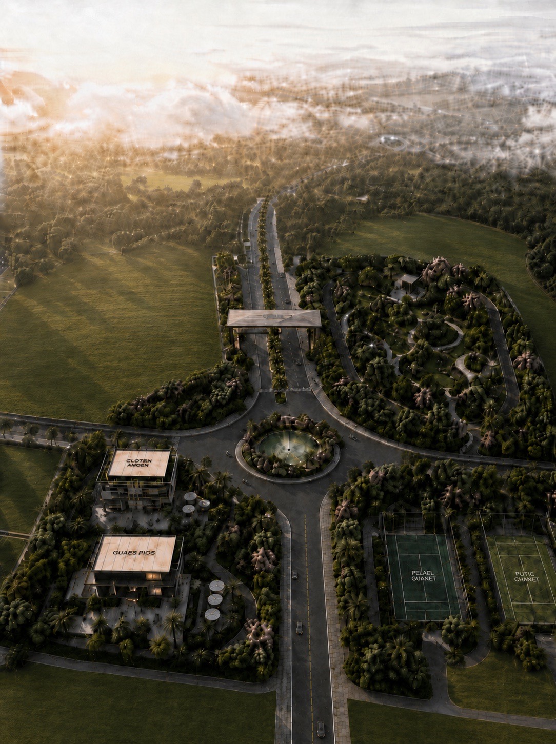 Parkway City internal boulevard, clubhouse buildings, and padel courts