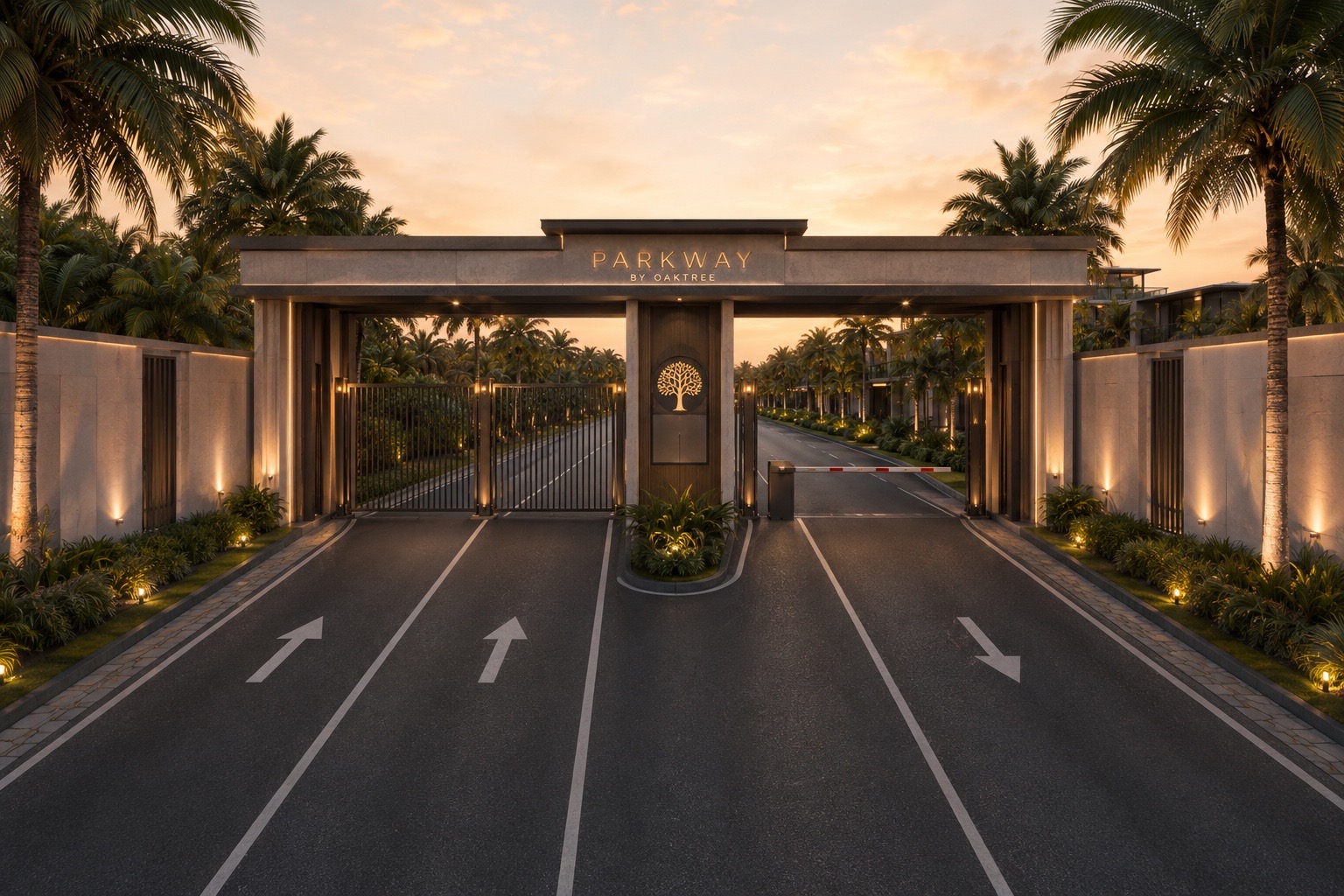 Parkway City estate gate at sunset